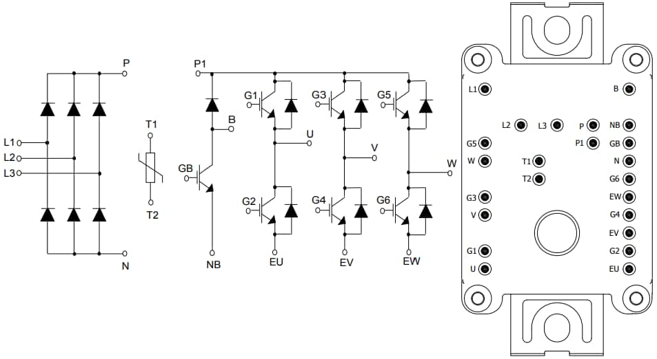 STMicroelectronics ACEPACK™转换器逆变器制动器 (CIB) 拓扑引脚说明和封装顶视图