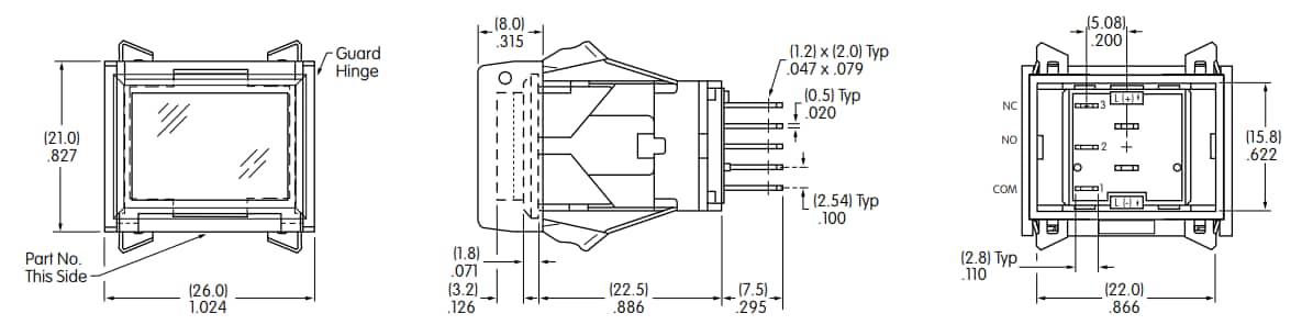 Mechanical Drawing - NKK Switches LB Non-Illuminated Pushbutton w/ Protective Guard