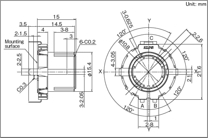 Mechanical Drawing - ALPS Electric EC21A Series Ring Encoders