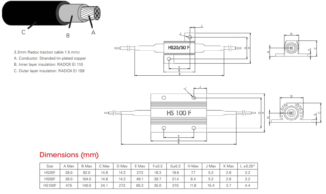 Mechanical Drawing - ARCOL / Ohmite HSF Cable Leaded Aluminium Housed Resistors