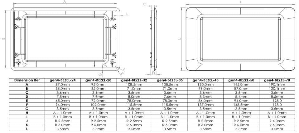 4D Systems gen4-BEZELs Mechanical Dimension